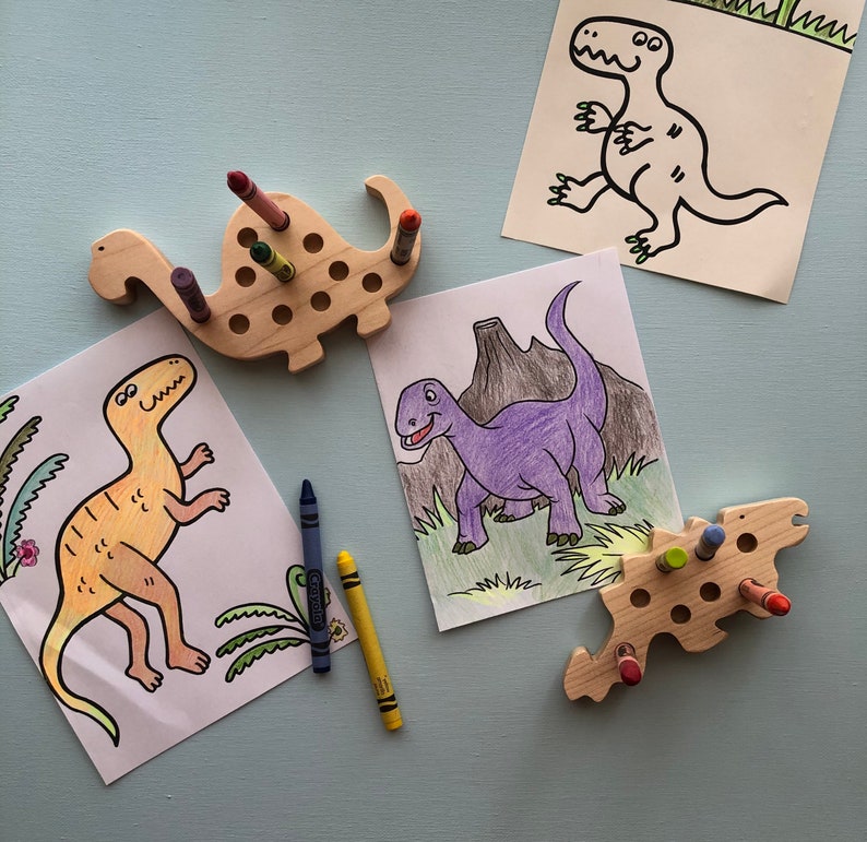 Dinosaurs, wooden toys, unique toddler gift, Montessori, Waldorf preschool fun,creative, imagination, organize, coloring, crayon holder, fun image 7