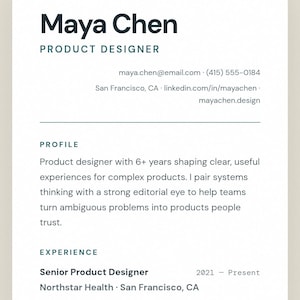 Op de afbeelding: Een digitaal cv-sjabloon getiteld Draftline met de naam Maya Chen, Product Designer. Het bevat contactgegevens, een professionele profielsamenvatting en werkervaring bij Northstar Health, alles gepresenteerd in een strakke lay-out met donkere tekst op een lichte achtergrond.