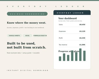 Hoja de cálculo de contabilidad para pequeñas empresas para Google Sheets y Excel / Seguimiento de ingresos, gastos, ganancias e impuestos