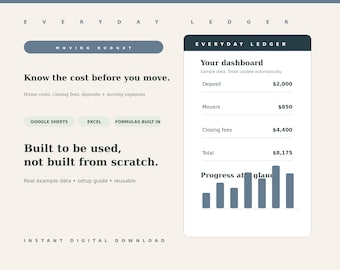 Planificador de presupuesto para mudanzas (hoja de cálculo para Google Sheets y Excel) / Seguimiento de gastos y costos de compra de vivienda