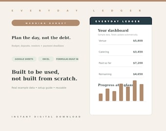 Planificador de presupuesto para bodas (hoja de cálculo para Google Sheets y Excel) / Seguimiento de gastos, depósitos, proveedores y pagos