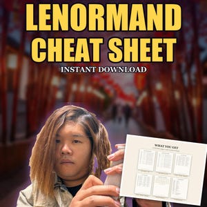 May include: A digital printable PDF Lenormand cheat sheet featuring six pages of reference charts. The document includes text headers such as WHAT YOU GET and PRINT AT HOME, with clear layouts for card meanings, combinations, and timeframes.
