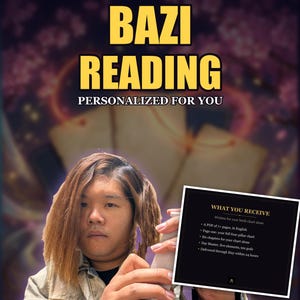 Puede incluir: Un anuncio de servicio de lectura Bazi con el texto MADE IN JAPAN, BAZI READING, PERSONALIZED FOR YOU, y una lista de contenido que incluye un PDF de más de 7 páginas, gráfico de cuatro pilares, seis capítulos, Day Master, cinco elementos y diez dioses.