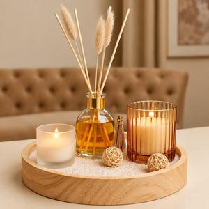 Handmade Scented Candle and Reed Diffuser Set with Wooden Tray, Amber Glass, Table Decor