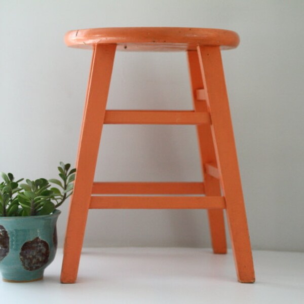 Vintage Wooden Stool Coral Orange Round Seat Four Legs Workshop Child's Room Shabby Chippy