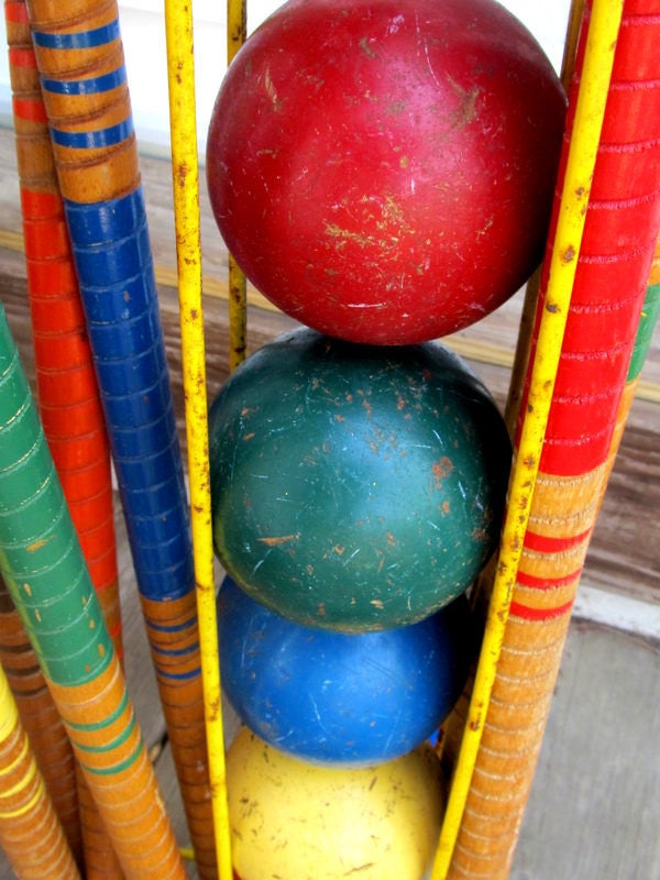Vintage Croquet Set with Rolling Yellow Painted Cart Mallets Etsy