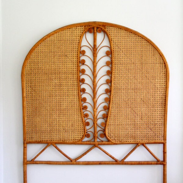 Vintage Rattan Wicker Headboard Peacock Feather Twin Single Size Curved Caned Bedroom