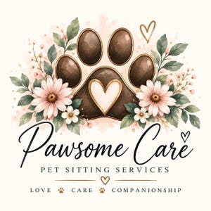 Puede incluir: Un logotipo con una huella marrón con un centro en forma de corazón, rodeado de margaritas rosas y hojas verdes. El texto dice Pawsome Care PET SITTING SERVICES y LOVE CARE COMPANIONSHIP con pequeños iconos de huellas y corazones.
