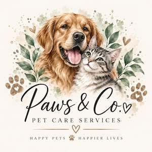 Könnte beinhalten: Eine Illustration eines Golden Retrievers und einer grauen getigerten Katze mit grünen Blättern, braunen Pfotenabdrücken und Herzen. Der Text lautet Paws & Co. PET CARE SERVICES und HAPPY PETS HAPPIER LIVES in schwarzer Schrift auf cremefarben.