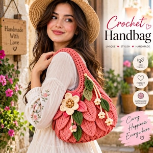 May include: A coral-colored crochet handbag featuring a layered petal design, a large cream-colored flower with wooden bead centers, and green crocheted leaves. The bag includes dangling floral accents and a sturdy, integrated shoulder strap.