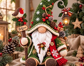 May include: A crocheted gnome figurine wearing a tall green hat decorated with white snowflakes, pinecones, and red berries. The gnome has a white yarn beard, a red scarf, and holds a staff topped with a robin and a sign that reads Believe.