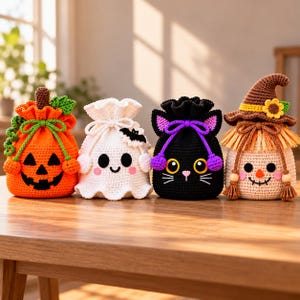May include: Four crocheted drawstring pouches featuring Halloween themes: an orange pumpkin with a green stem, a white ghost with a black bat, a black cat with purple accents, and a beige scarecrow wearing a brown hat with a yellow flower.