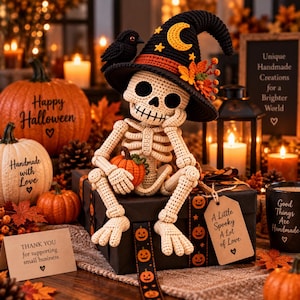 May include: A crocheted skeleton figure wearing a black witch hat with a yellow crescent moon and stars, holding a small orange pumpkin. The skeleton sits on a black gift box decorated with pumpkin patterns and a tag reading A Little Spooky A Lot of Love.
