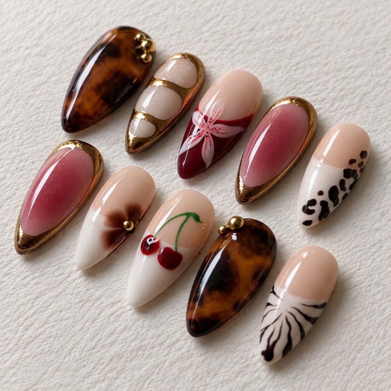 Handmade Tortoiseshell Cherry Press-on Nails | Gold Accent Almond Set ...