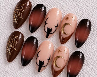 Handmade Gothic Cat Press-On Nails | Ombre Moon, Spider Web Art