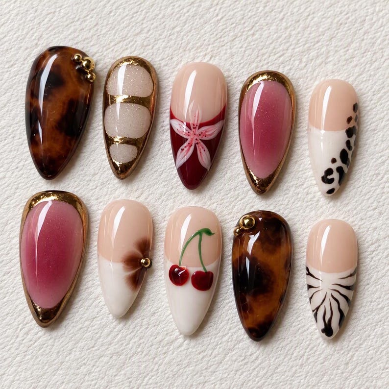 Handmade Tortoiseshell Cherry Press-on Nails | Gold Accent Almond Set ...