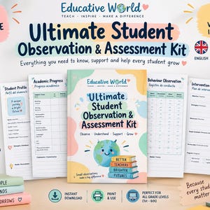 Op de afbeelding: Een digitale printbare set getiteld Ultimate Student Observation & Assessment Kit met 63 pagina's. De omslag toont een wereldbolillustratie met gestapelde boeken met de tekst Better Teachers, Brighter Futures. Bevat diverse beoordelingsformulieren.