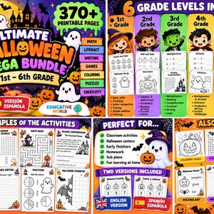 May include: A digital educational Halloween mega bundle for 1st to 6th grade featuring 370 plus printable pages. The set includes maths, literacy, writing, games, colouring, puzzles, and creativity activities with English and Spanish versions.