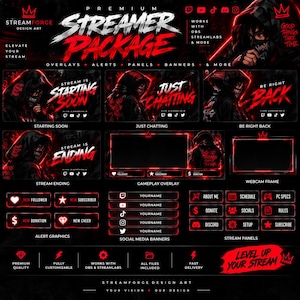 Könnte beinhalten: Ein digitales Streamer-Paket in dunkler Ästhetik mit roten Akzenten. Es enthält Overlays, Alerts, Panels und Banner mit Texten wie Stream Starting Soon, Just Chatting, Be Right Back, Stream Ending sowie verschiedene Social-Media-Beschriftungen.