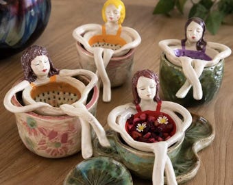 Handmade Ceramic Lady Tea Strainer , Whimsical Lounging Woman Tea Infuser, Loose Leaf Tea Filter with Cup Saucer, Unique Tea Lover Gift