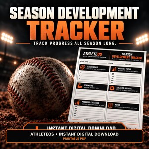 May include: A baseball with red stitching sits next to a white Season Development Tracker printable PDF form. The form features sections for goals, monthly focus, strengths, areas to improve, progress check-ins, and notes with orange accents.