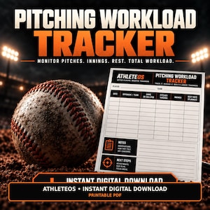May include: A baseball pitching workload tracker printable PDF document featuring a grid for tracking dates, opponents, pitches, innings, and rest days. The form includes sections for notes and next steps, branded with AthleteOS text and orange accents.