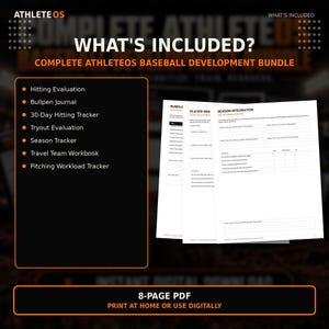 Op de afbeelding: Een 8-pagina digitaal PDF-pakket getiteld AthleteOS Complete AthleteOS Baseball Development Bundle. Het bevat een lijst met documenten: Hitting Evaluation, Bullpen Journal, 30-Day Hitting Tracker, Tryout Evaluation, Season Tracker, Travel Team Workbook en Pitching Workload Tracker.