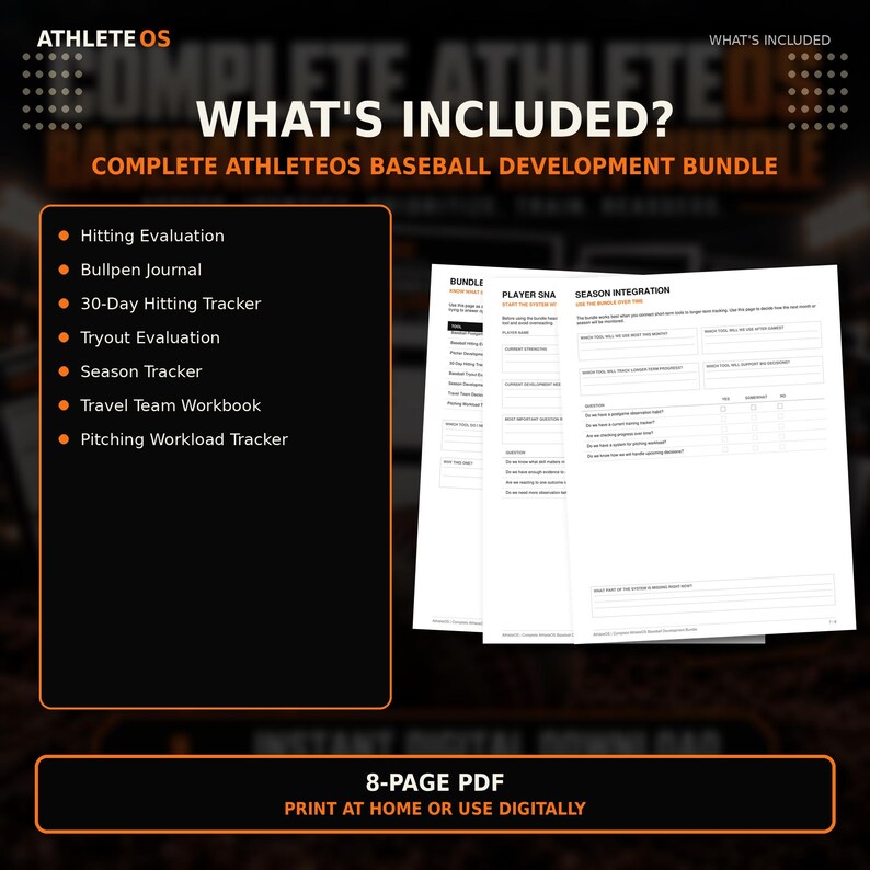 Op de afbeelding: Een 8-pagina digitaal PDF-pakket getiteld AthleteOS Complete AthleteOS Baseball Development Bundle. Het bevat een lijst met documenten: Hitting Evaluation, Bullpen Journal, 30-Day Hitting Tracker, Tryout Evaluation, Season Tracker, Travel Team Workbook en Pitching Workload Tracker.