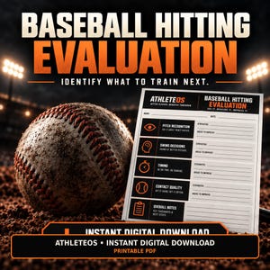 May include: A baseball hitting evaluation form with sections for pitch recognition, swing decisions, timing, contact quality, and overall notes. The document features the text AthleteOS and Baseball Hitting Evaluation, presented as a digital download.