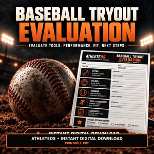 May include: A baseball tryout evaluation form featuring sections for hitting, fielding, throwing, speed, and coach notes. The document includes the text "BASEBALL TRYOUT EVALUATION" and "ATHLETEOS" alongside a baseball on a dirt field.