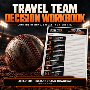 Puede incluir: Una pelota de béisbol con costuras rojas sobre tierra junto a un formulario de papel blanco titulado Travel Team Decision Workbook de AthleteOS. El documento incluye secciones para nombre del equipo, costes, entrenamiento y calendario.