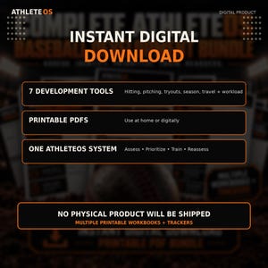 Op de afbeelding: Een AthleteOS digitaal productpakket met een directe digitale download van zeven ontwikkelingstools voor slaan, pitchen, try-outs, seizoen, reizen en werkbelasting. Bevat printbare PDF's en het AthleteOS-systeem om te beoordelen, prioriteren, trainen en herevalueren.