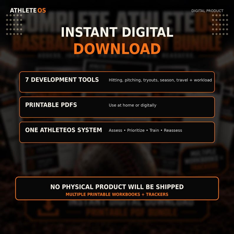 Op de afbeelding: Een AthleteOS digitaal productpakket met een directe digitale download van zeven ontwikkelingstools voor slaan, pitchen, try-outs, seizoen, reizen en werkbelasting. Bevat printbare PDF's en het AthleteOS-systeem om te beoordelen, prioriteren, trainen en herevalueren.