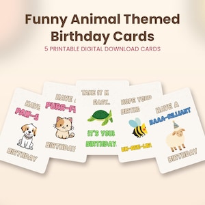 Peut inclure: Cinq cartes d'anniversaire rectangulaires blanches avec des animaux de dessin animé et du texte. Les cartes présentent un chiot, un chat, une tortue, une abeille et un mouton avec des jeux de mots comme Have a Paw-some Birthday, Have a Purr-fect Birthday, Take it Easy, Hope your Birthday is Un-bee-lievable et Have a Baaa-rilliant Birthday.