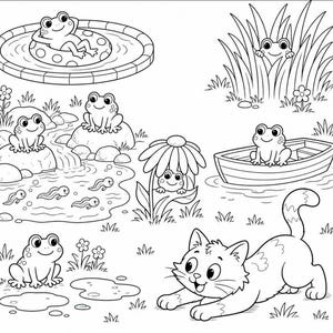 May include: A black and white colouring page featuring multiple frogs in various settings, including a frog on a pool float, a frog in a boat, frogs on rocks, tadpoles in water, a frog behind a flower, and a playful cat in the foreground.