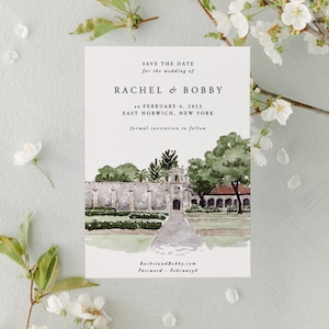 May include: Save the date card with a watercolor illustration of a building with a stone facade and a red tile roof. The text on the card reads "Save the Date for the wedding of Rachel & Bobby on February 4, 2023 East Norwich, New York formal invitation to follow RachelandBobby.com Password - February4"