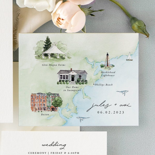 Custom Illustrated Wedding Map, wedding map, watercolor map, save the date