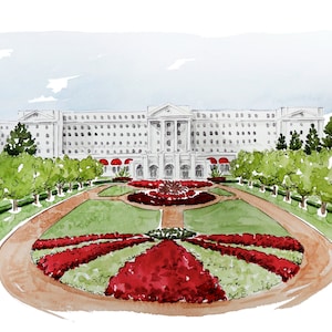 May include: A watercolor painting of a large white building with a symmetrical facade and a red roof. The building is surrounded by a lush green lawn with a circular flower bed in the center. The flower bed is filled with red flowers and is surrounded by a path.