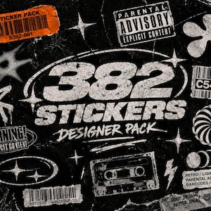 May include: A black sticker pack sheet featuring white graphic elements including the text 382 STICKERS DESIGNER PACK, a cassette tape, barcodes, a Parental Advisory label, a flower shape, a spiral, stars, and various abstract shapes.