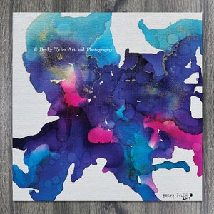 Pink and Blue Abstract Ink Painting on Canvas - 12x12 Wall Art