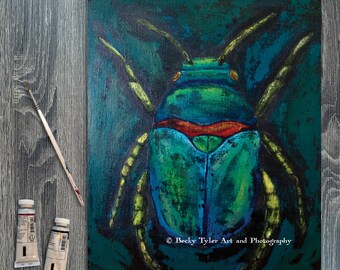 Scarab Beetle Original Painting, Acrylic and Ink on Canvas Board, Insect Art, Scarab Art, Cottagecore, Farmhouse Decor