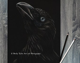 Raven Drawing, Pencil Drawing, Raven Art, Raven Wall Art, Halloween, Halloween Wall Art, Halloween Decor, Cottagecore, Farmhouse Decor