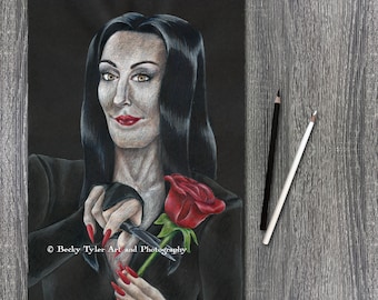 Morticia Addams, Fan Art, Illustrations De Cinéma, Fan Art D'horreur, Art D'Angelica Huston, Dessin Au Crayon