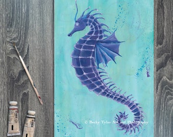 Seahorse, Acrylic on Paper, Acrylic Painting, Nautical Art, Nautical Decor, Nautical Art, Cottagecore, Farmehouse Decor, Cottage Decor