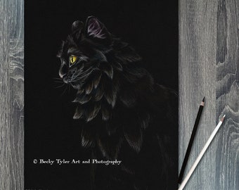 Schwarze Katze Originalzeichnung, Zeichnung, Bleistiftzeichnung, Halloween, Halloween Kunst, Halloween Dekor, Gruseliges Dekor, Schwarze Katze Kunst