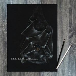 Original Black Bat Drawing: Halloween Wall Art, Signed
