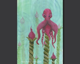 Octopus Flowers, Acrylic on Paper, Acrylic Painting, Surreal Art, Surrealism, Octopus Art, Weird Art, Strange Art, Wall Art, Nautical Art