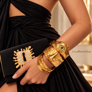 Gold Statement Cuff Bracelet, Sculptural Eye Bracelet, Chunky Artistic Bangle, Face Inspired Jewelry, Bold Gold Bracelet