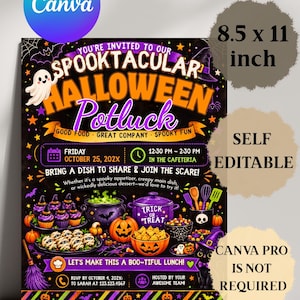 Folleto editable para comida compartida de Halloween, invitación para almuerzo de agradecimiento, Canva