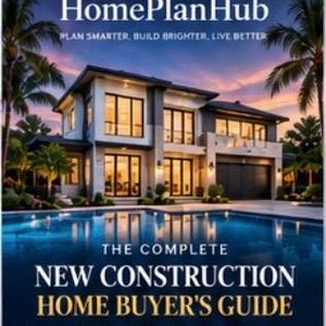 May include: A digital guide cover titled HomePlanHub, Plan Smarter, Build Brighter, Live Better, featuring a two-storey modern house with a swimming pool at sunset. Text reads The Complete New Construction Home Buyer's Guide, From Dream to Keys.